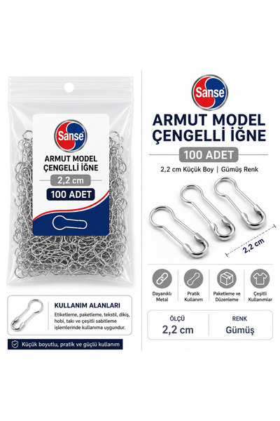 Sanse 2,2 cm Armut Model Gümüş Çengelli İğne 100 Adet – Etiketleme ve Sabitle...