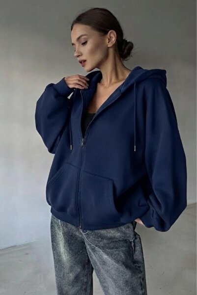 CAST COLLECTİON Women's Navy Blue Zippered Hooded Cardigan Jacket