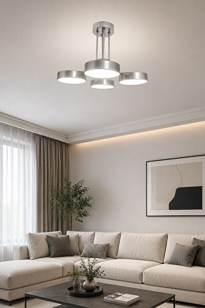 Fer Avize Mango 4'lü Gri Renk Led Avize Modern Başlıklı Enerji Tasarruflu Dek...