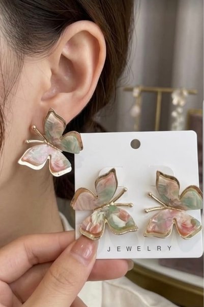 VLDORO Acetate Effect Butterfly Model Gold Framed Earrings in Dusty Pink and ...