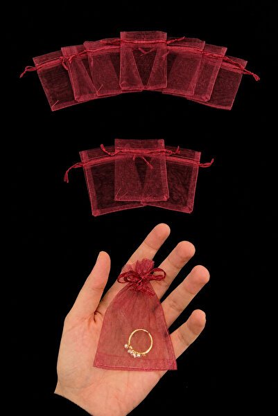 ZEYMERADE Bordo Organze Şeffaf Tül Kese 100 Adet Ölçü 7X9cm, Büzgülü Altın Ta...