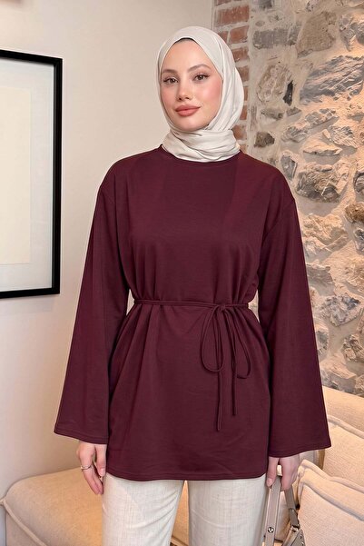 Salih Çelebi Lace-Up Combed Cotton Blouse 13071 - Bordo