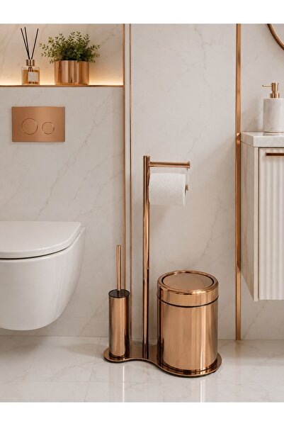 EMFA AKSESUAR Bakır Tuvalet Fırçası Rose Gold Tuvalet Kağıtlığı Bakır Çöp Kov...