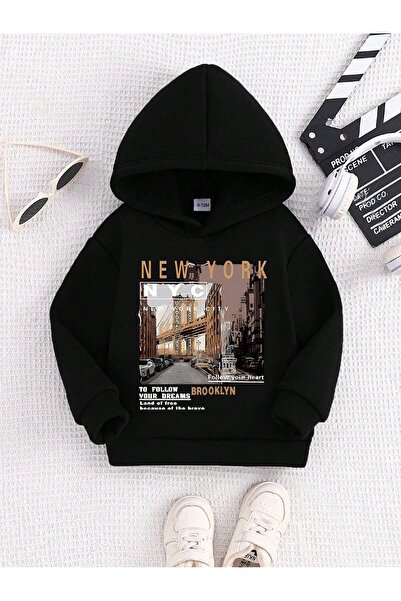 SVART WEAR Children's New York City Printed Hoodie Hooded Sweatshirt Combed C...