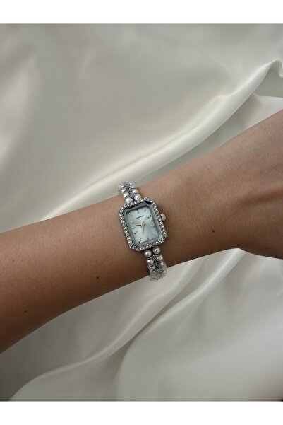 Kadın Gümüş Dikdörtgen Taşlı Kasa İnci Detaylı Çelik Kordon Analog Quartz Kol Saati