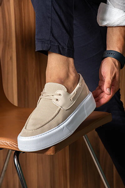 pabucmarketi Lace-Up Knitwear Men's Casual Shoes Beige