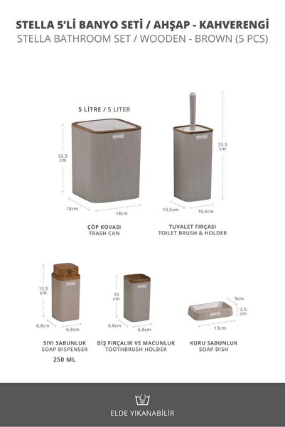 Okyanus Home Modern Ahşap Detaylı Vizon 5'li Banyo Seti