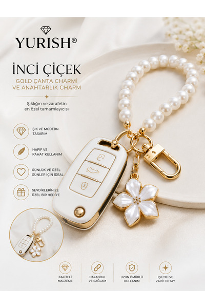 YURISH İnci Çiçek Gold Çanta Charmı Ve Anahtarlık Charm