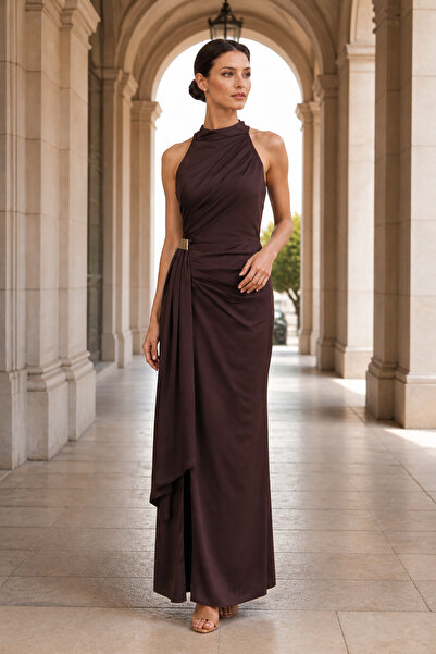 DORİDORCA Women's Halter Neckline Fixed Buckle Detailed Long Evening Dress 81...