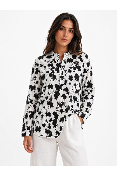Heaven Ephesus Linen Blouse-Printed Linen Blouse-Half-Patch Dalmatian Pattern...