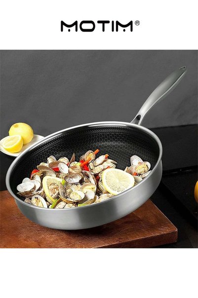 MOTIM Stainless Steel Semi Nonstick Frying Pan with Lid for Gas Electric Induction Ceramic Stoves and Oven Resistant (28CM)