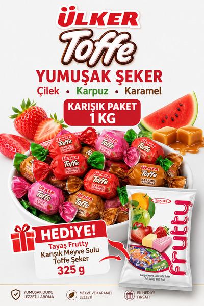 Ülker Toffe Karışık Yumuşak Şeker 1 kg – Çilek, Karpuz ve Karamel Aromalı + F...