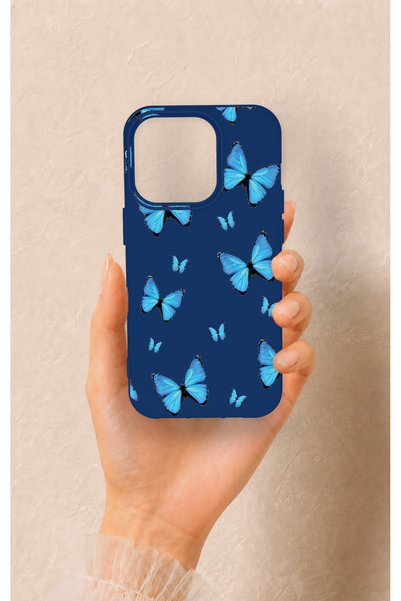 Vip Case iPhone 14 Pro Compatible Blue Butterfly Pattern Silicone Case