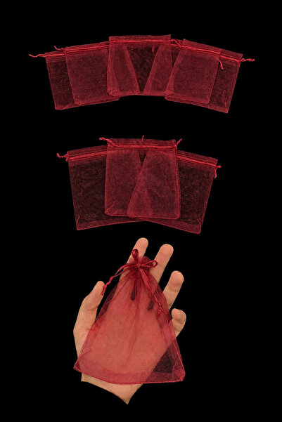ZEYMERADE Bordo Organze Şeffaf Tül Kese 100 Adet Ölçü 12X14cm, Büzgülü Altın ...