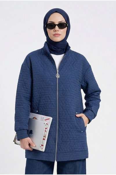 Armine TREND Kabartma Desenli Fermuarlı Cepli Ceket Lacivert 26YT537