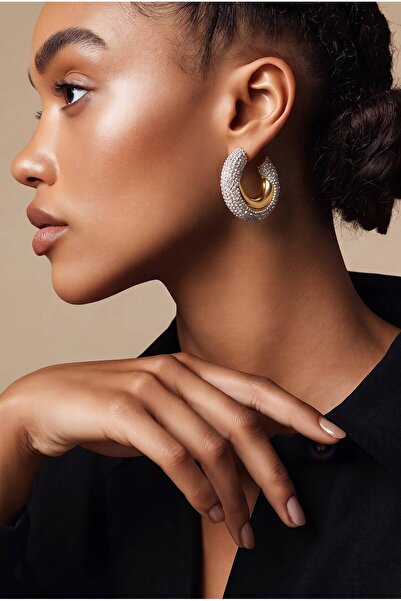 LYKOS Gold Color Intense Zircon Stone Curved Hoop Earrings - Showy Half Hoop ...