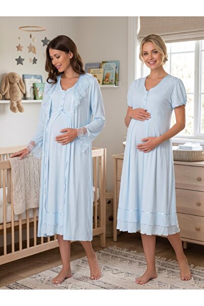 Lohussa New Season Blue Summer Lace Detailed Buttoned Breastfeeding Compatibl...