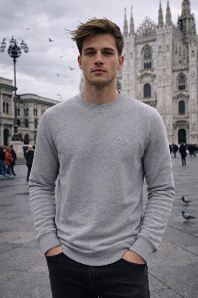 Maccali Men's Basic Crew Neck Loose Gray Winter Sweatshirt
