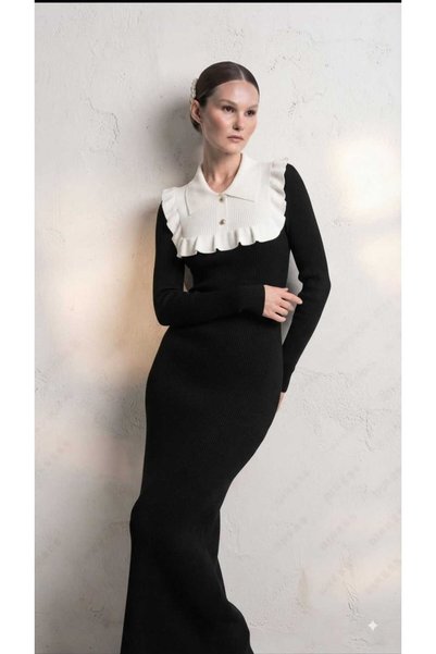 newmisal Women's Tricot Dress with Ruffle Collar Detail