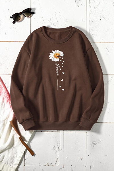 uyguntarz Unisex Flower Printed Crew Neck Sweatshirt
