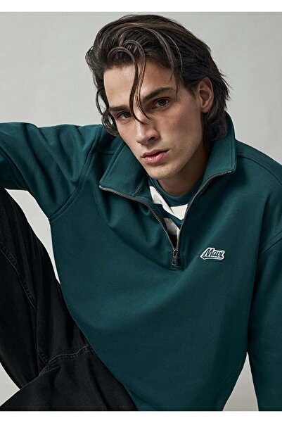 Mavi M0S10613 Patch Logo Embroidered Semi-Zipper Men's Sweatshirt Green