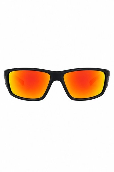 Globalport Retail Ochelari de soare polarizați pentru bărbați UV400, sport tip wraparound, lentile oglindă auriu-portocalii, ramă neagră mată, pentru condus, pescuit și ciclism, husă inclusă.