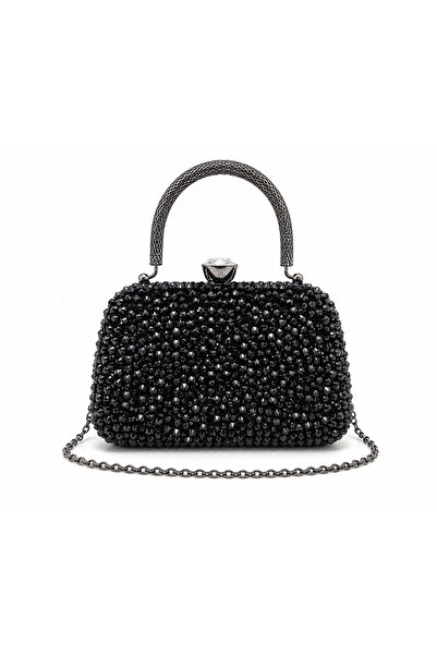 Dilora Kadın Siyah Kristal Taşlı Abiye Çanta Clutch Portföy Zincir Askılı Düğ...