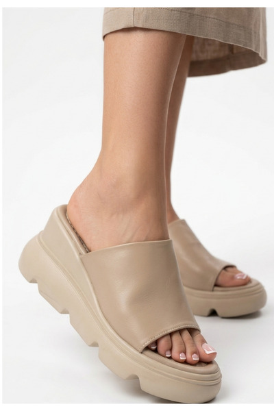 pabucmarketi Beige Women's Wedge Heel Slippers