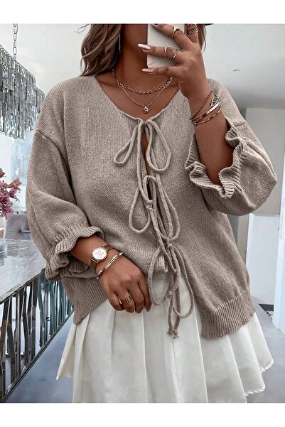 S.ÇLK 3-Tie Ruffle Sleeve Oversized Knitwear Cardigan