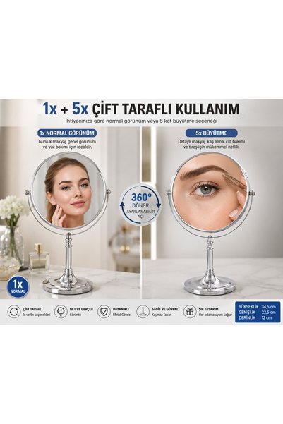 Altınkayaticaret Çift Taraflı Ayaklı Makyaj Aynası 1x + 5x Büyütmeli 360° Dön...