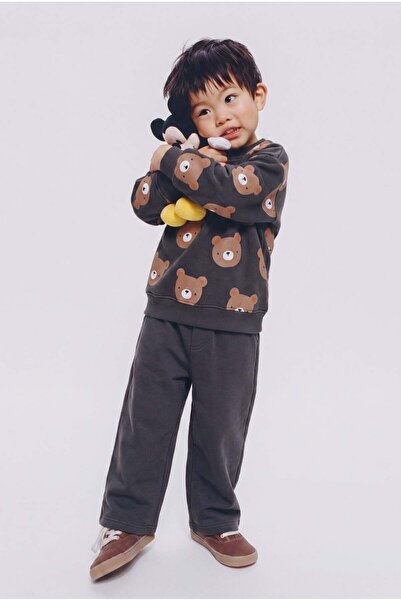 Magu Children's Teddy Bear Patterned Anthracite Sweatshirt and Wide-Legged Tr...