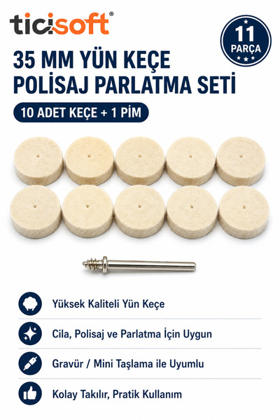 Ticisoft 11 Parça 35 mm Yün Keçe Polisaj Cila Parlatma Seti 10 Adet Keçe + 1 ...