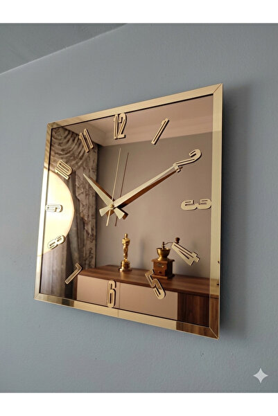 Ronson Lüks Bronz Ayna Üzeri Gold Aynalı Pleksi Kare Duvar Saati – 50x50 cm