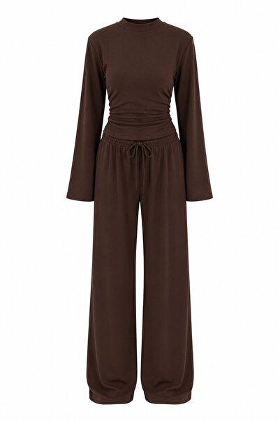 Laluvia Brown Back-Tie Padded Blouse and Trousers Set - 5165