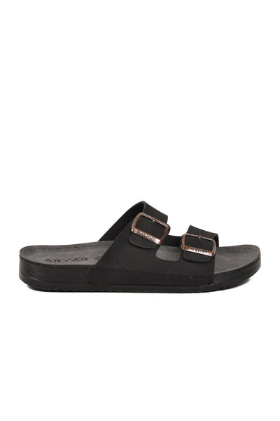 ARYAN Black Double Buckle Men's Slippers
