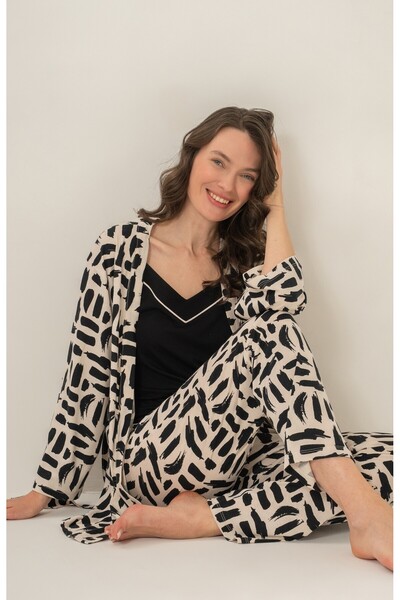 Pierre Cardin Women's Black 3-Piece Pajama Set, Combed Cotton Modal Pajama Se...