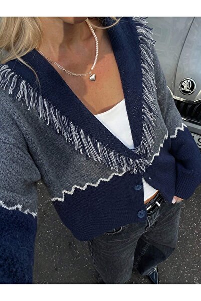 S.ÇLK Tasseled Shawl Collar Navy Blue Gray Oversized Knitwear Cardigan