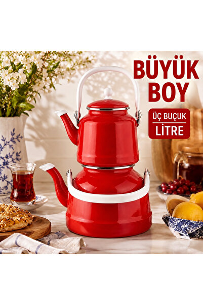 ALEV EMAYE Büyük Boy Emaye Çaydanlık Seti – Üst 1,5 Litre, Alt 3,5 Litre, Kap...