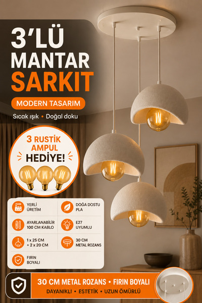 JUTUAL DEKOR Beton Görünüm 3 Lü Sarkıt Avize Bohem Modern Rustik (E-27 Rustik...