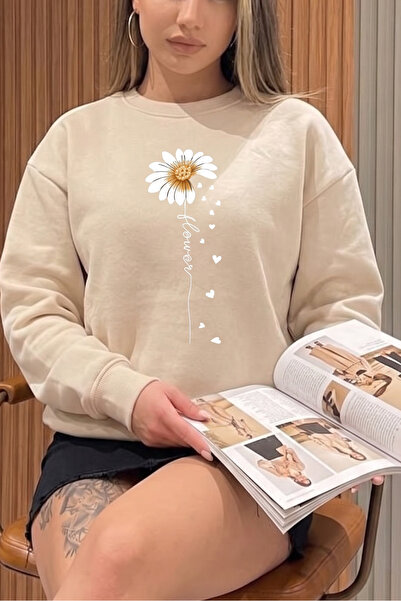 uyguntarz Unisex Flower Printed Crew Neck Sweatshirt