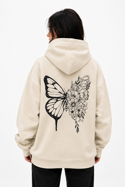 ZAVIXO Oversize Hooded Sweatshirt Butterfly Flower Back Print Long Sleeve Hoodie