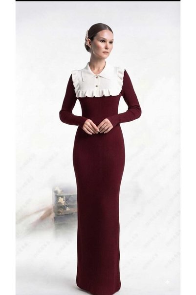 newmisal Women's Tricot Dress with Ruffle Collar Detail