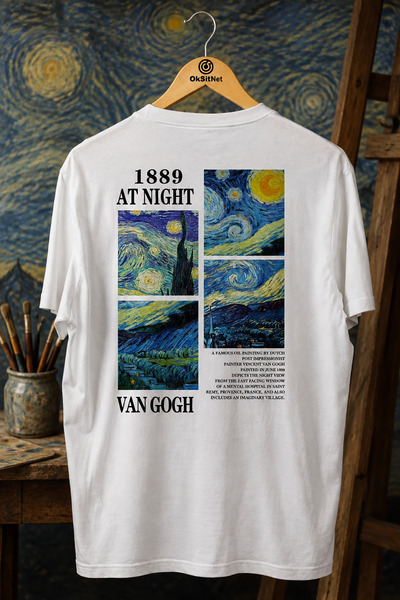 Unisex Beyaz Van Gogh Yıldızlı Gece Baskılı Tişört – Sanatsal Sırt Baskı