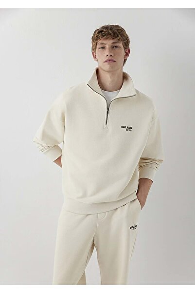 Mavi M0S10678 Jeans Logo Printed Semi-Zipper Men's Sweatshirt Beige