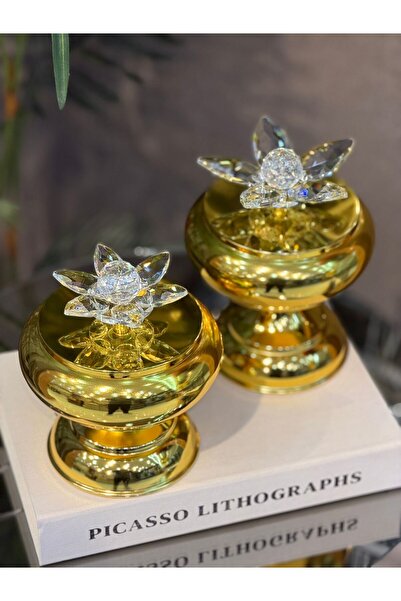 Hinora Home 2’li Kristal Lotus Çiçekli Dekoratif Obje – Metal Gövdeli Masa Üs...