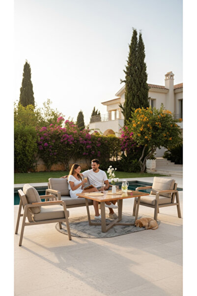 BALCO HOME Gül 3+1+1+Masa Alüminyum Bahçe Balkon Oturma Grubu Cappucino