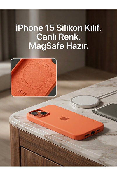 iPhone 15 Uyumlu Turuncu Silikon Kılıf - MagSafe Uyumlu