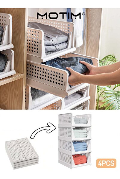 MOTIM Stackable Plastic Storage Basket 4PCS Large Foldable Closet Organizer S...