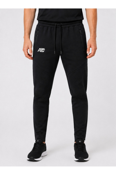 Erkek Siyah Slim Fit Spor Eşofman Altı Fermuarlı Cepli