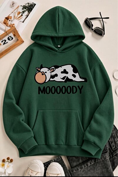 Oksit Sw Moooody Cute Cow με στάμπα μπροστά Unisex Oversize Φούτερ με κουκούλ...